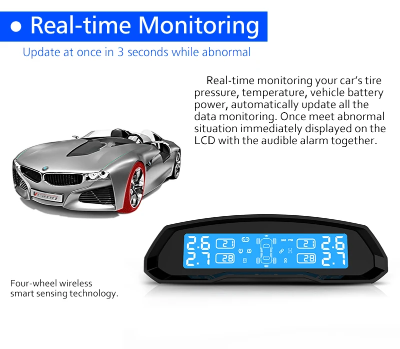 Система контроля давления в шинах на солнечной батарее TPMS, беспроводной ЖК-дисплей, 4 внутренних датчика, охранная сигнализация в режиме реального времени