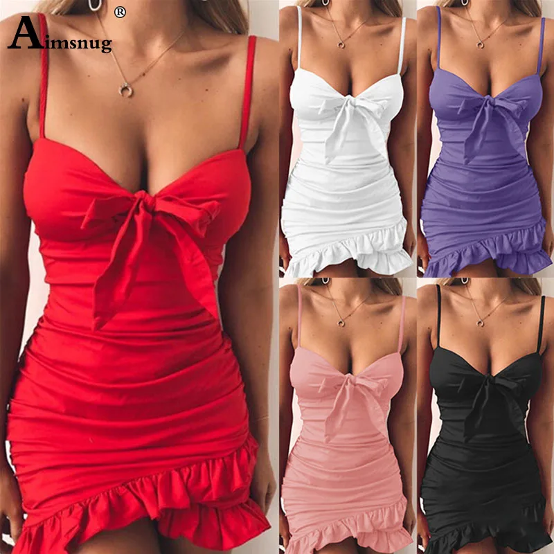 

Aimsnug Sexy Solid Color Spaghetti Strap Bow Tie Pleated Female The Dress Irregular Ruffle 2019 Summer Black Casual Women Dress