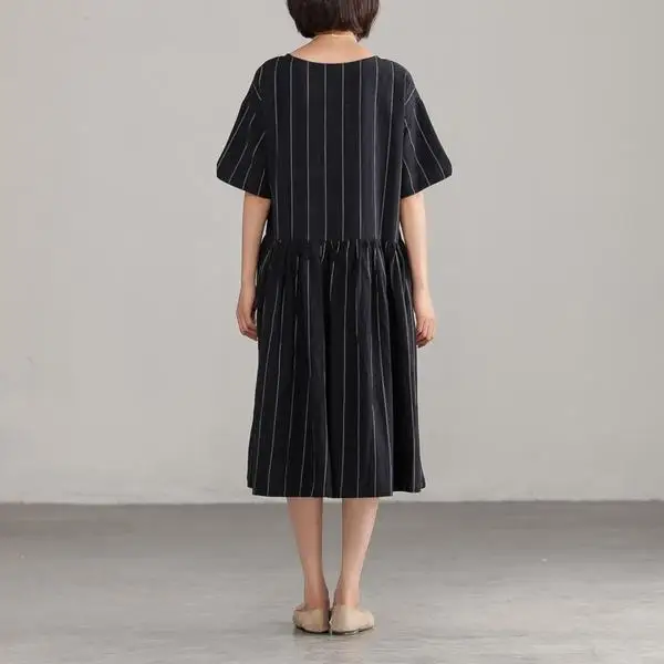 2019 Summer Vintage Retro Women Boho Beach Dress Casual Short Sleeve O-Neck Loose Dresses Elegant Black Striped Female Vestidos (3)