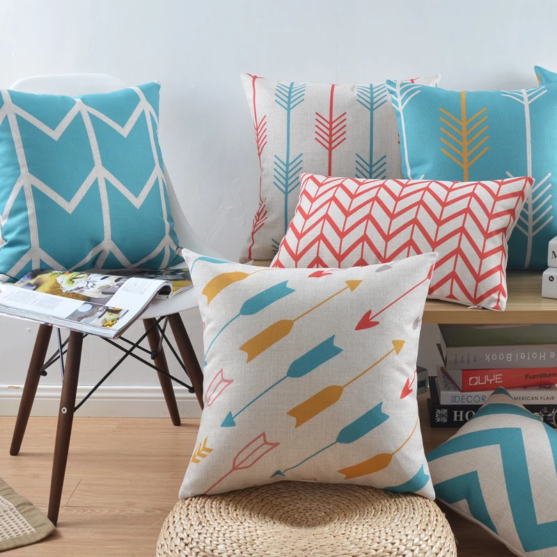 

Nordic Geometric Wave Printed Linen Cotton Cushion Cover Blue Arrows Home Decorative Sofa Throw Pillow Car Home Pillow Case