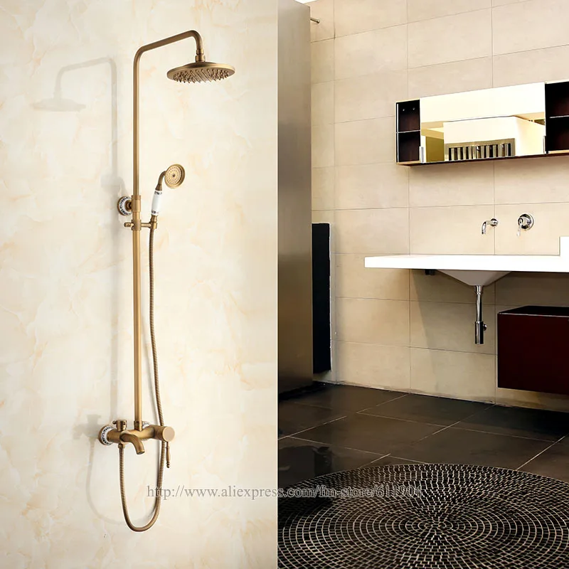 Antique Brass Exposed Wall Mount Bathroom Shower Faucet Rain Fall Style