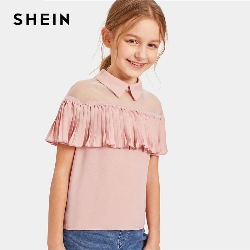 

SHEIN Kiddie Pink Mesh Insert Ruffle Embellished Cute Blouse Kids Tops 2019 Summer Sheer Button Sleeveless For Children Blouses