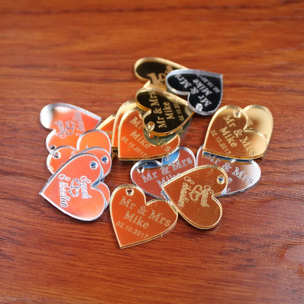50pcs Personalized Engraved Name Card Mirror MR & MRS Surname Love Heart Wedding Table Decoration Favors Customized Size4