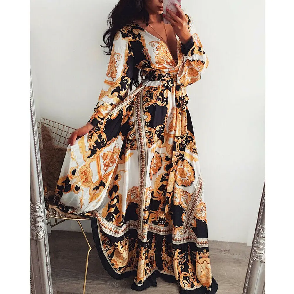 

Summer Beach Maxi Dress Women Floral Print Boho Long Chiffon Dress Ruffles Wrap Casual V-Neck Sexy Party Dress Robe Femme