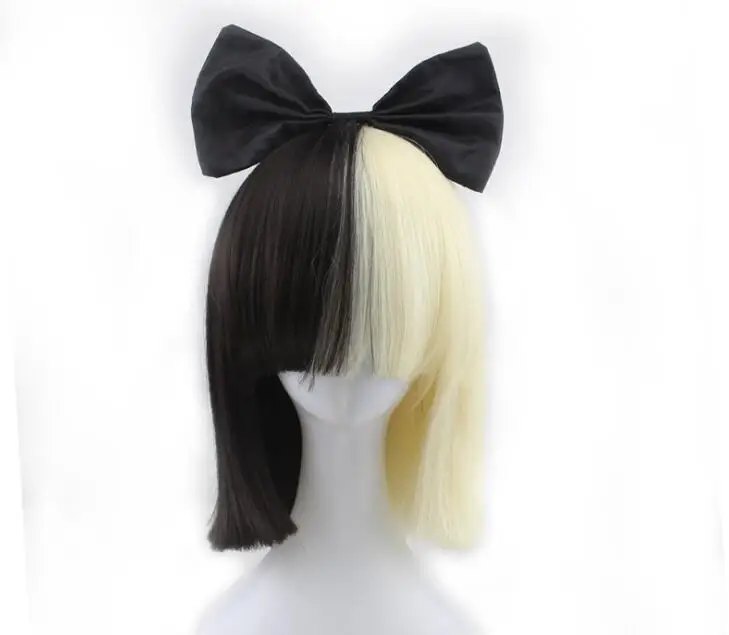 

Sia Alive This Is Acting Short Straight Cosplay Wigs for Women Female Anime Party Half Black and Half Blond Synthetic Hair