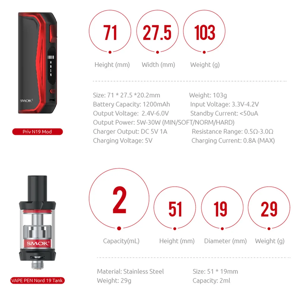 Vape SMOK Kit Priv N19 1200 мАч встроенный аккумулятор макс. 30 Вт Подходит для Nord Mesh Coil & 2 мл MTL
