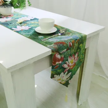 

Linen Table Runner Japanese Style Lotus Pattern Table Runners High Definition Printed Wedding Table Runner Coffee Table For Home
