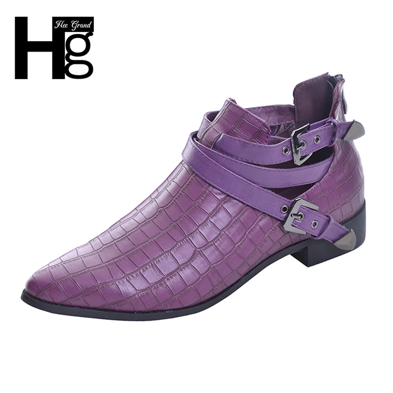 

HEE GRAND Fashion PU Leather Women Boots 2017 Pointed Toe Crocodile Stripe Boots Ankle Buckle Woman Shoes Autumn& Spring XWX1312