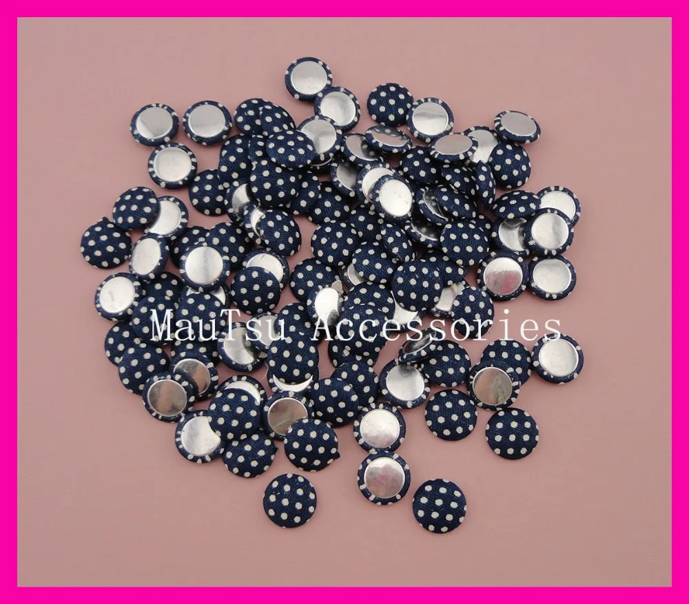 

100PCS 12mm White Round polka-dot printing Navy fabric covered button with flatback as jewelry accessories,polka fabric beads