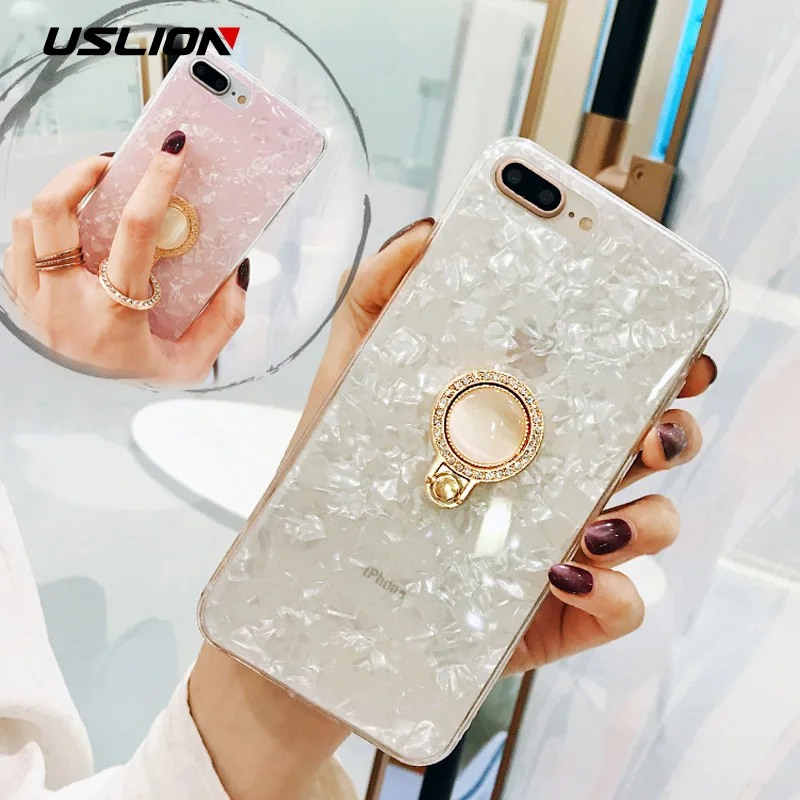 

USLION Ring Stand Holder Case For iPhone 7 8 Plus Dream Shell Phone Cases For iPhone X 7 6 6s Plus IMD Silicone TPU Back Cover