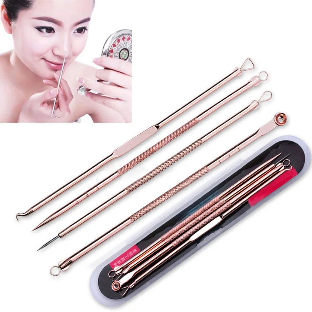 

Fashion 4Pcs/set Stainless Steel Pimple Blemish Blackhead Acne Extractor Remover Tool Needles Comedone Makeup Set FFE13