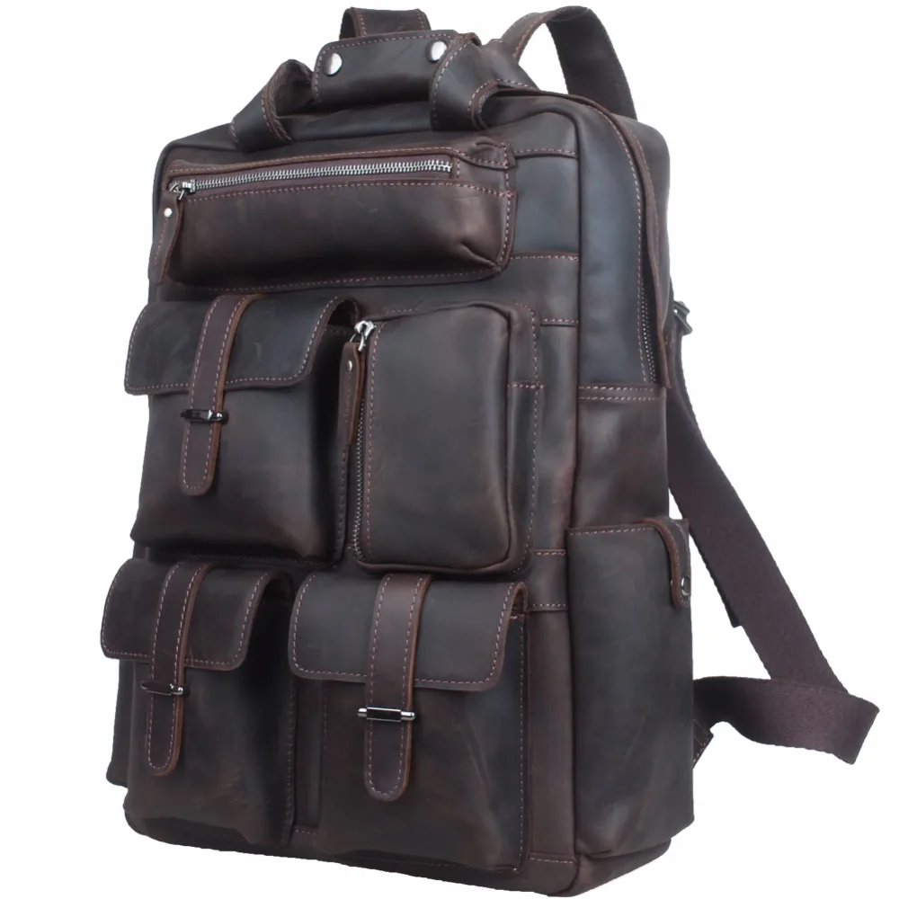 TIDING Cowhide Leather Multi Pockets Laptop Backpack Weekender Travel ...