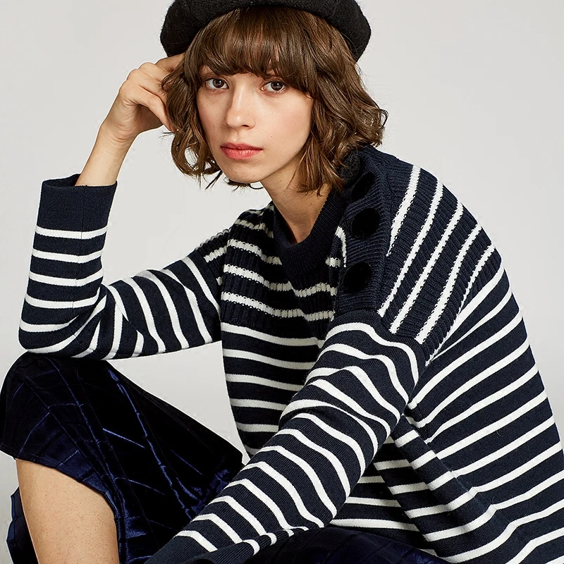 

wool sweater pullover jumper white black striped button women oversize warm thick sweater knitted knitwear 2018 new high quality