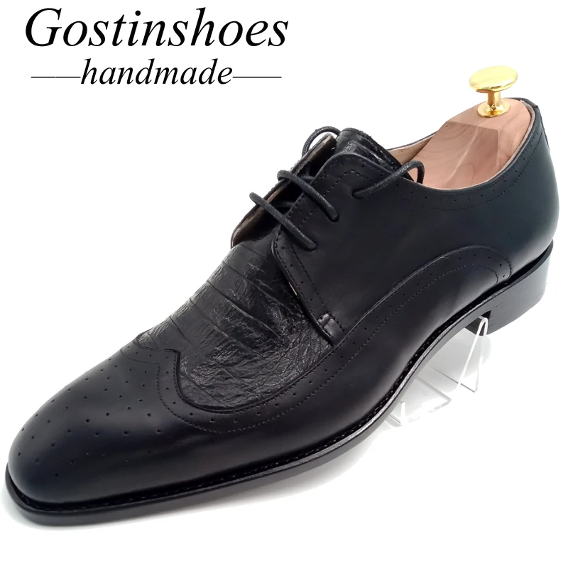 

Goodyear Handmade Men Dress Shoes Black Cow Leather Ostrich Skin Shoes Men Formal Business Shoes Lace-up Pointed Toe GSTN011