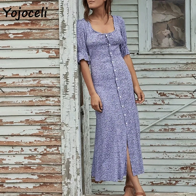 

Yojoceli boho floral print 2019 summer dress women button front midi dress square neck dress