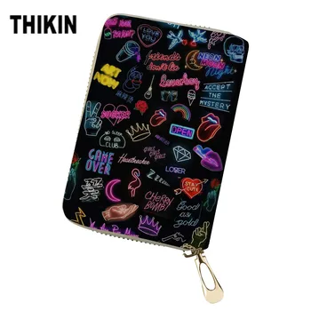 

THIKIN Colorful Neon Night Scene Pattern Print ID Card Holder PU Leather Personalized Credit Cards Bag Ladies Protect Mini Box