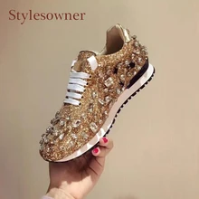 

Stylesowner rhinestones flat platform women casual shoes lace up bling bling diamond decor sequines cloth sneaker shoes females