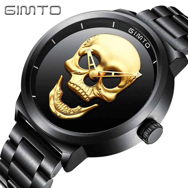 

GIMTO Brand Cool Punk 3D Skull Men Watch Luxury Quartz Male Watches Waterproof Retro Fashion Gold Black Clock Relogio Masculino