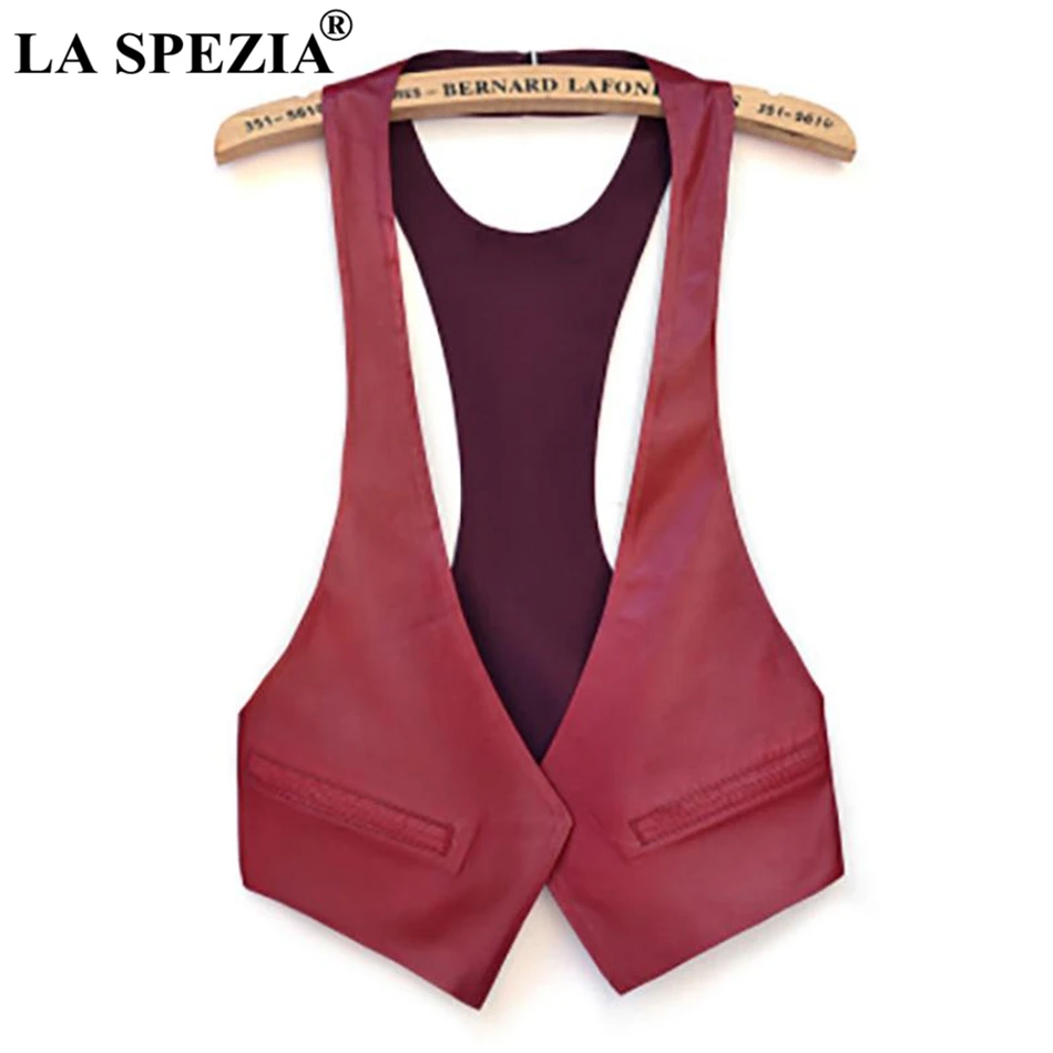 LA SPEZIA Short Vests Woman Leather Slim Red Waistcoat Pockets Ladies Office Real Leather Cardigan Casual Autumn Fashion Vest