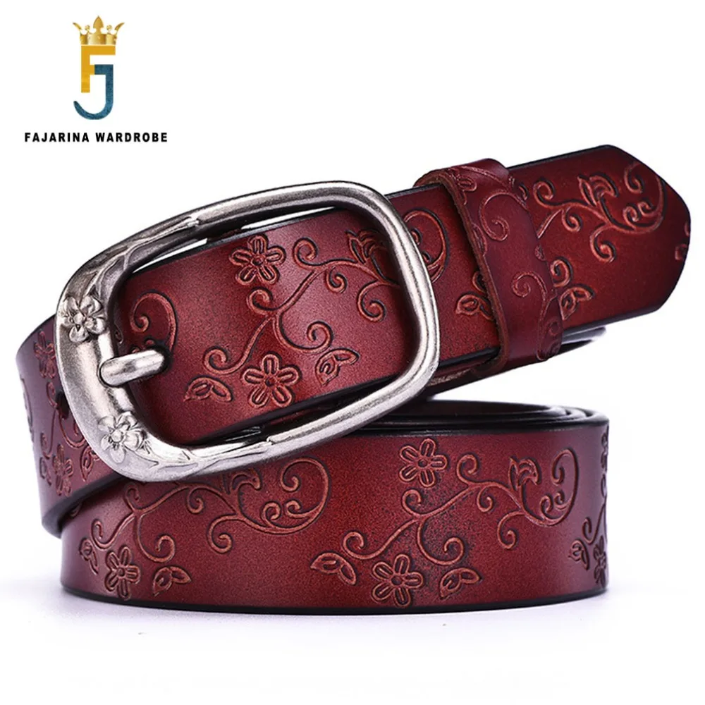 FAJARINA Ladies Fashion Quality Pure Solid Cow Skin Leather Retro Style Pin Buckle Metal Floral Cowhide Belts for Women LDFJ087 fajarina ladies 100% quality cowhide leather female models brown belt hollow retro clasp styles belts for women n17fj563