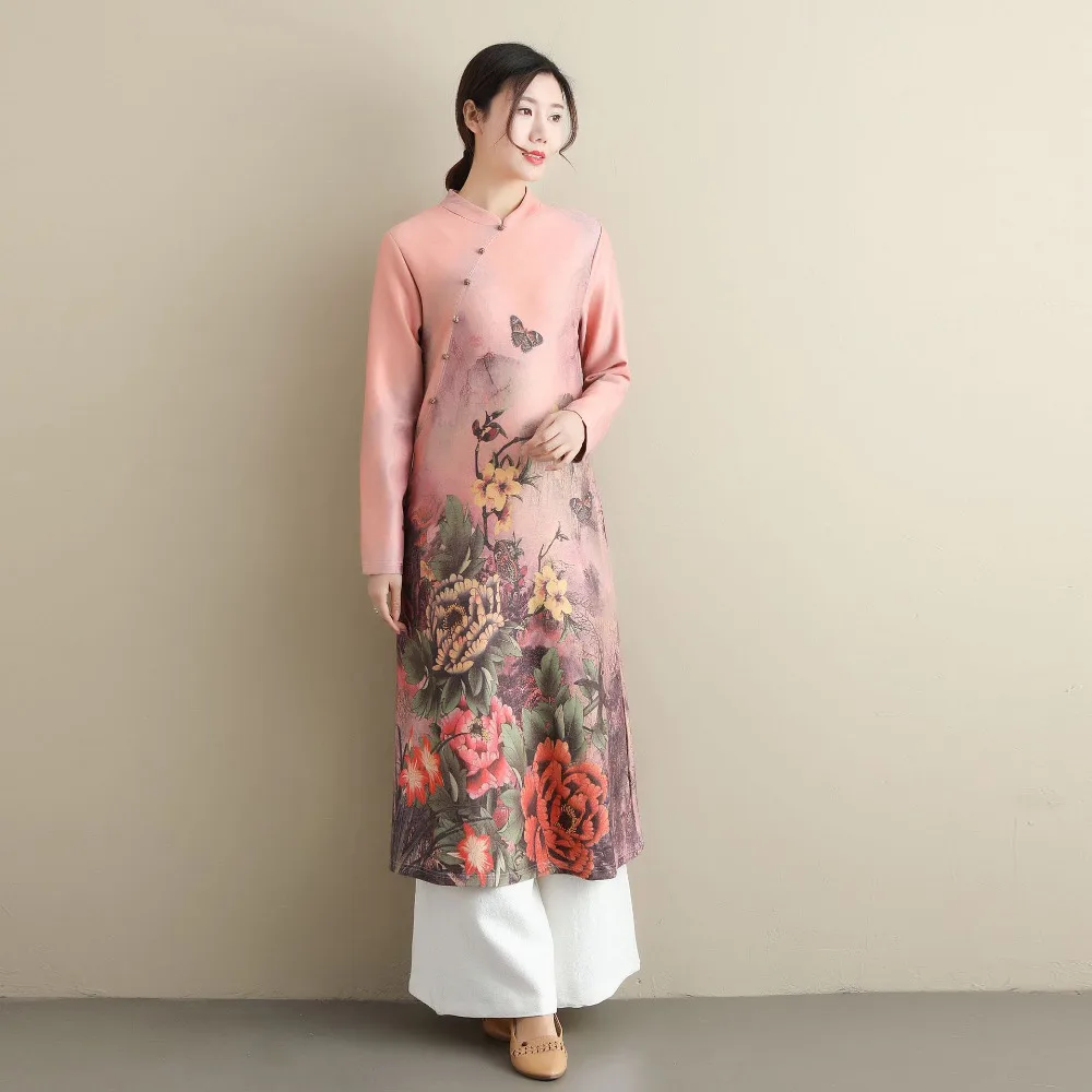 

Retro Chinese traditional dress Autumn and winter New qipao cheongsam Stand collar Skin cashmere printing slim fashion pink D040