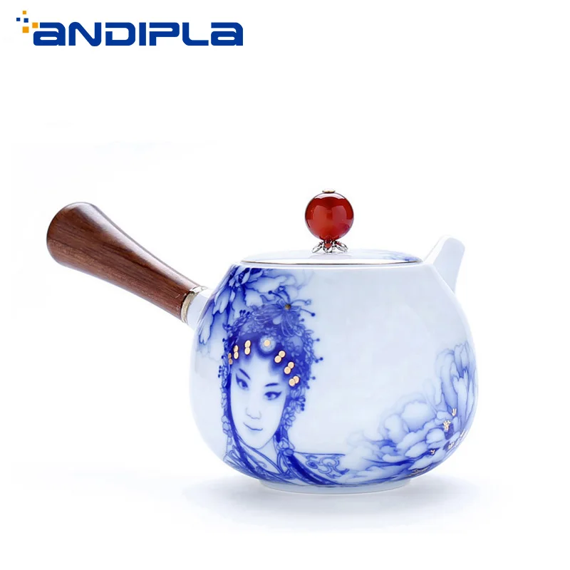 500ml Chinese Peking Opera Rosewood Side Handle Teapot Ceramic Blue and