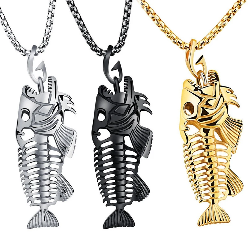 Charms Fish Bone & Fishing Hook Stainless Steel Pendant Necklaces Fish Skeleton Bone Necklace Fashion Hip Hop Jewelry for Men|fashion jewelry|jewelry fashionfish bone - AliExpress