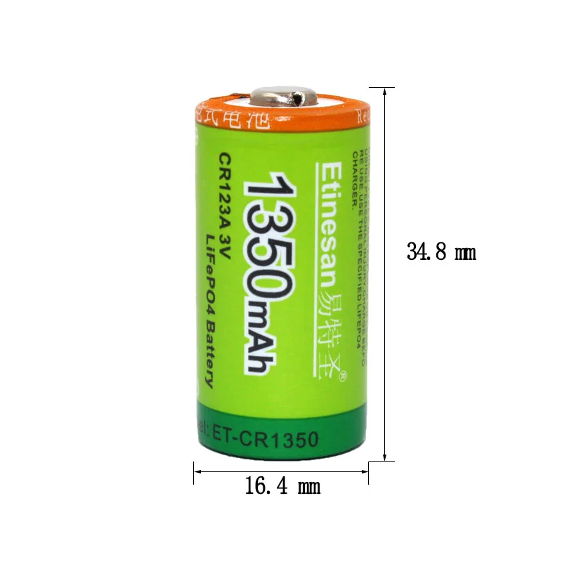 Etinesan 3V 1350mAh CR123A CR 123A LiFePo4 Li-ion Rechargeable Battery with 10A Discharge Current for Flashlight Toys Etinesan 3V 1350mAh CR123A CR 123A LiFePo4 Li-ion Rechargeable Battery with 10A Discharge Current for Flashlight Toys