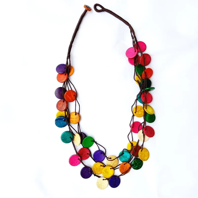 

1pc Colorful Wooden Necklace Nature Coconut shell handmade Rope Chain Bohemian Style Choker Statement Jewellry