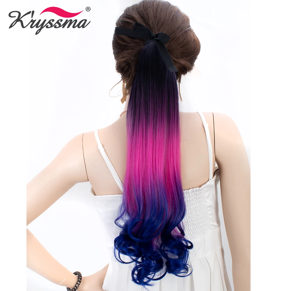 

Kryssma Long Wavy Synthetic Ponytail 24 inches One Piece Hair Extensions 120g with Clip Hidden Invisible Ombre Highlight Fiber