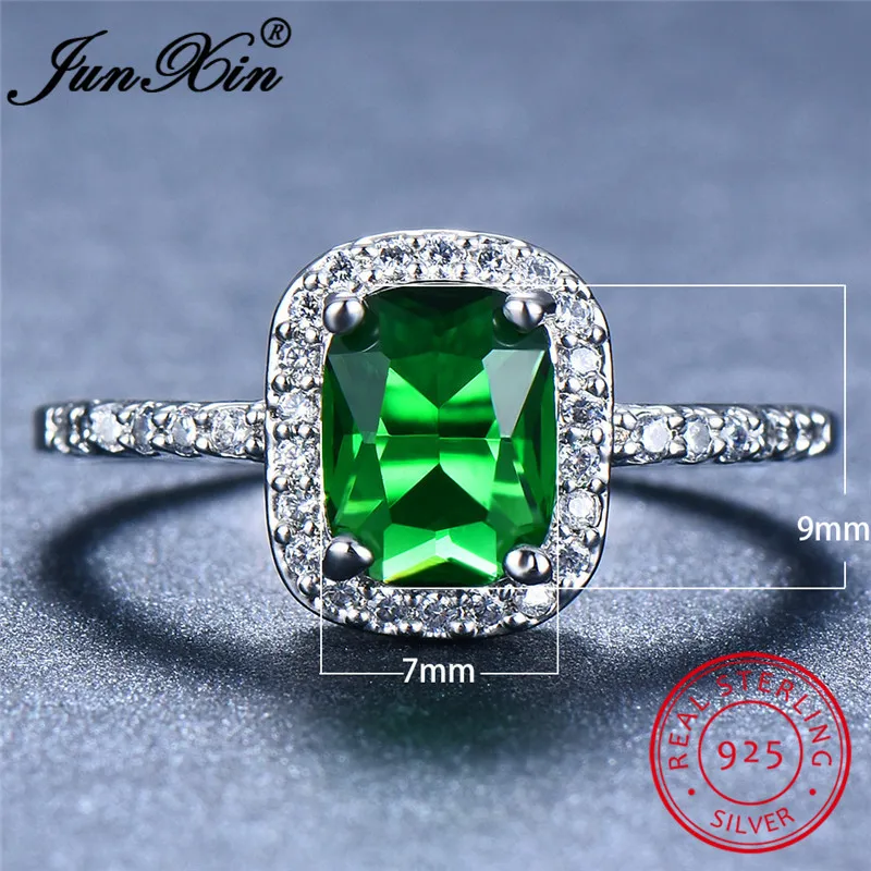 JUNXIN 100% Real s925 Sterling Silver Square Rings For Women Purple Green White Blue Zircon Rainbow Birthstone Ring Wedding Gift