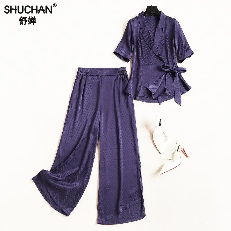 

Shuchan Office Lady 2 Piece Set Women Conjunto Feminino Tops+ Elastic Waist Calf-length Pants Fashion Women Suit black 11029