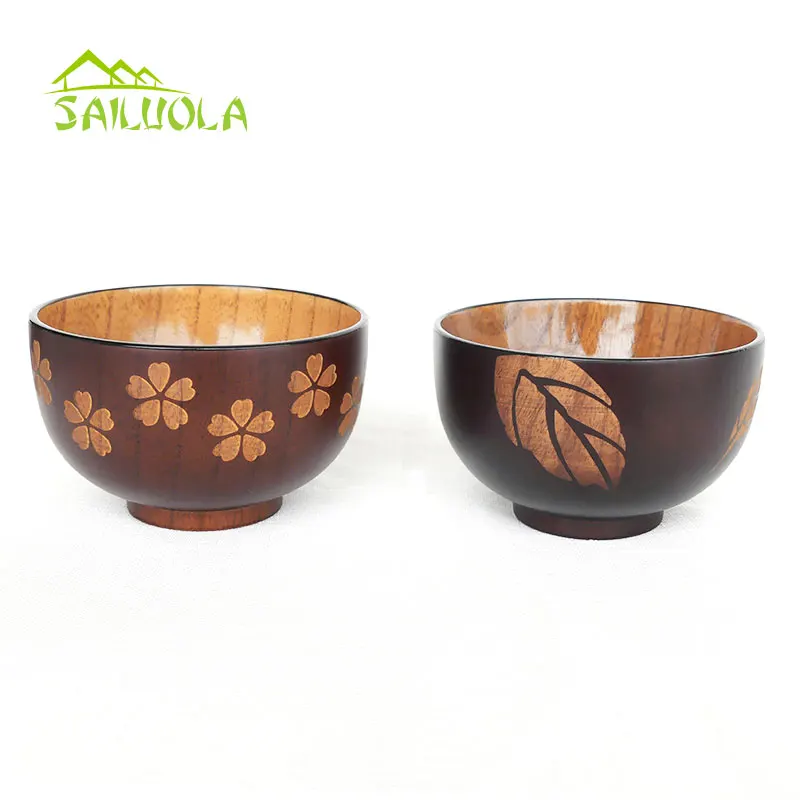 1pc New Floral Jujube Wooden Soup Bowl Japanese Style Rice Salad Bowls