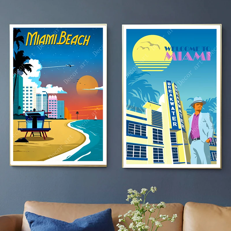 

Vintage Florida Miami Beach America Travel Canvas Paintings Vintage Wall Kraft Posters Coated Wall Stickers Home Decor Pictures