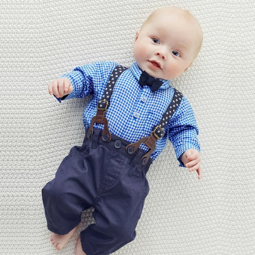 

Newborn Baby's Sets Infant Boy Clothing Bow Tie Plaid T-Shirt Trousers Toddler Long Sleeve Pullover Sling Suit Set 6M-24M