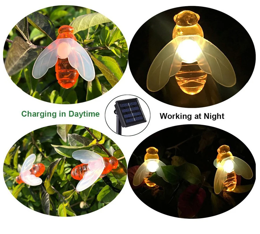 Bee String Lights 20/50 Led Outdoor Solar Power LED Strings Waterproof Garden Patio Fence Gazebo Summer Night Light Decoration