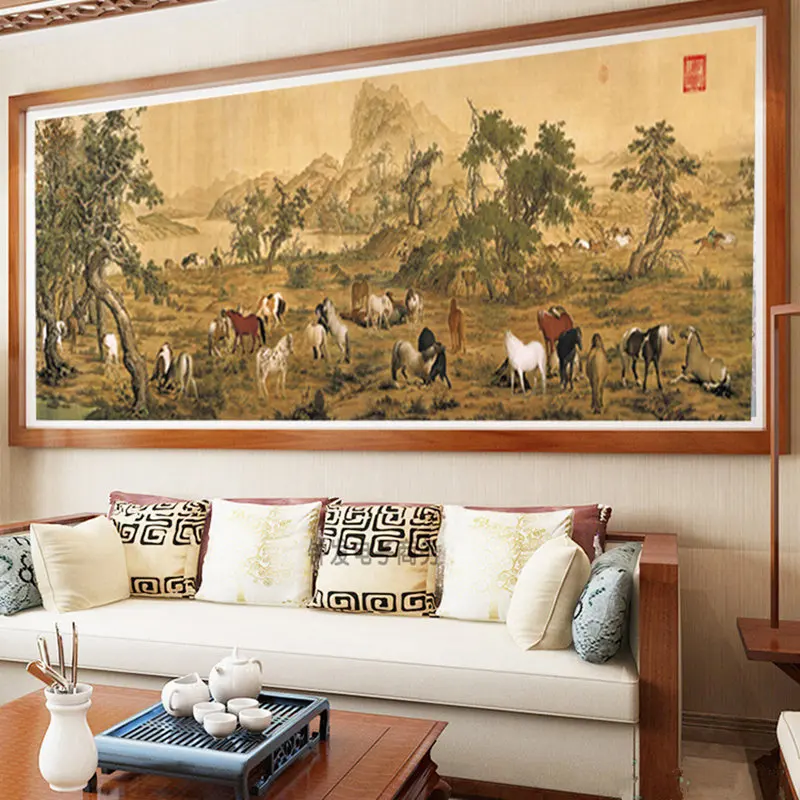 

QIANZEHUI,Needlework,DIY printing hundred horses panoramic landscape For Embroidery kits Cross-Stitch Wall decoration