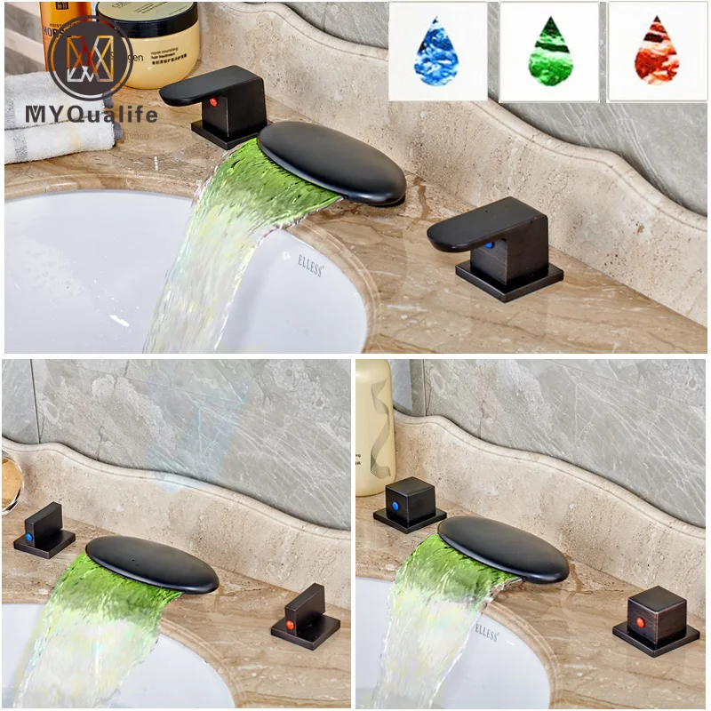 

Luxury Waterfall LED Light Spout Basin Vessel Sink Faucet Double Handle Widespread Bathroom Lavatory Sink Mixer Taps