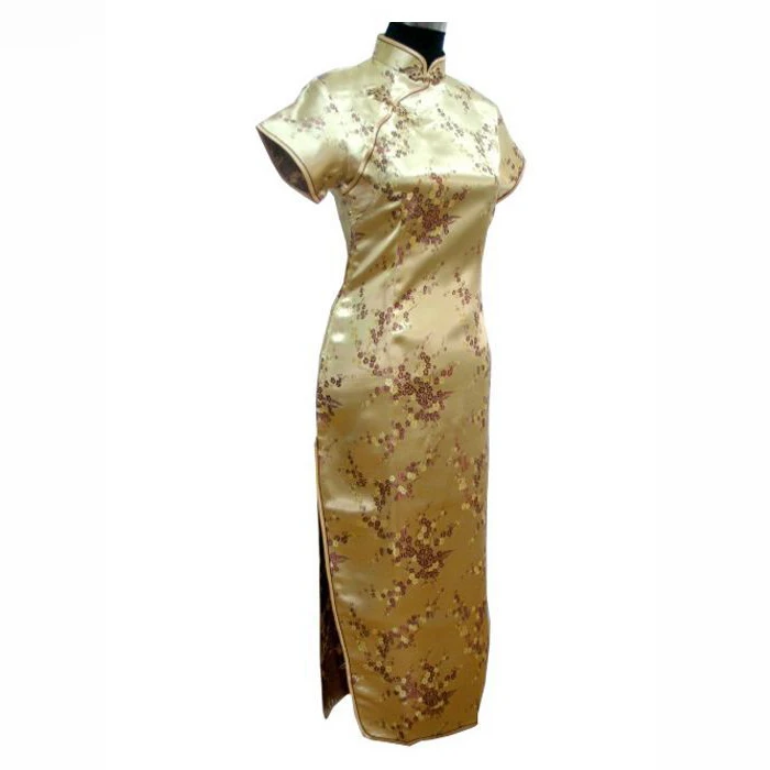 Черное традиционное китайское платье Mujer Vestido Женские атласные Qipao Мини Cheongsam цветочный размер S M L XL XXL XXXL 4XL 5XL 6XL J4039 - Цвет: Gold - Long