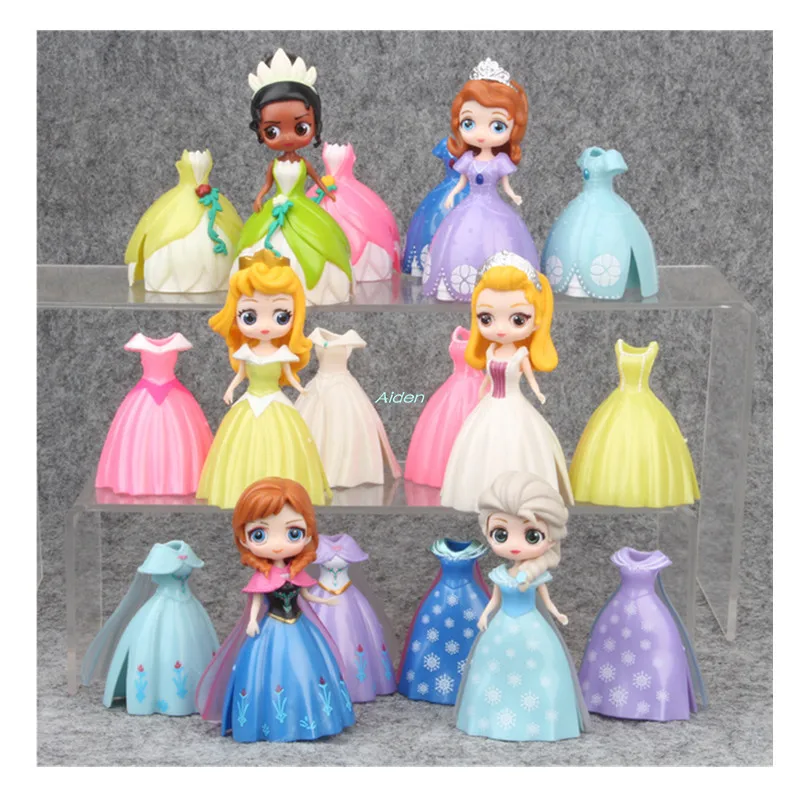 

6 Pcs/set Princess Seris Can Change Clothes Belle Tiana Sofia Elsa Anna Long Hair Girl PVC Action Figure Toy OPP 8CM B2265