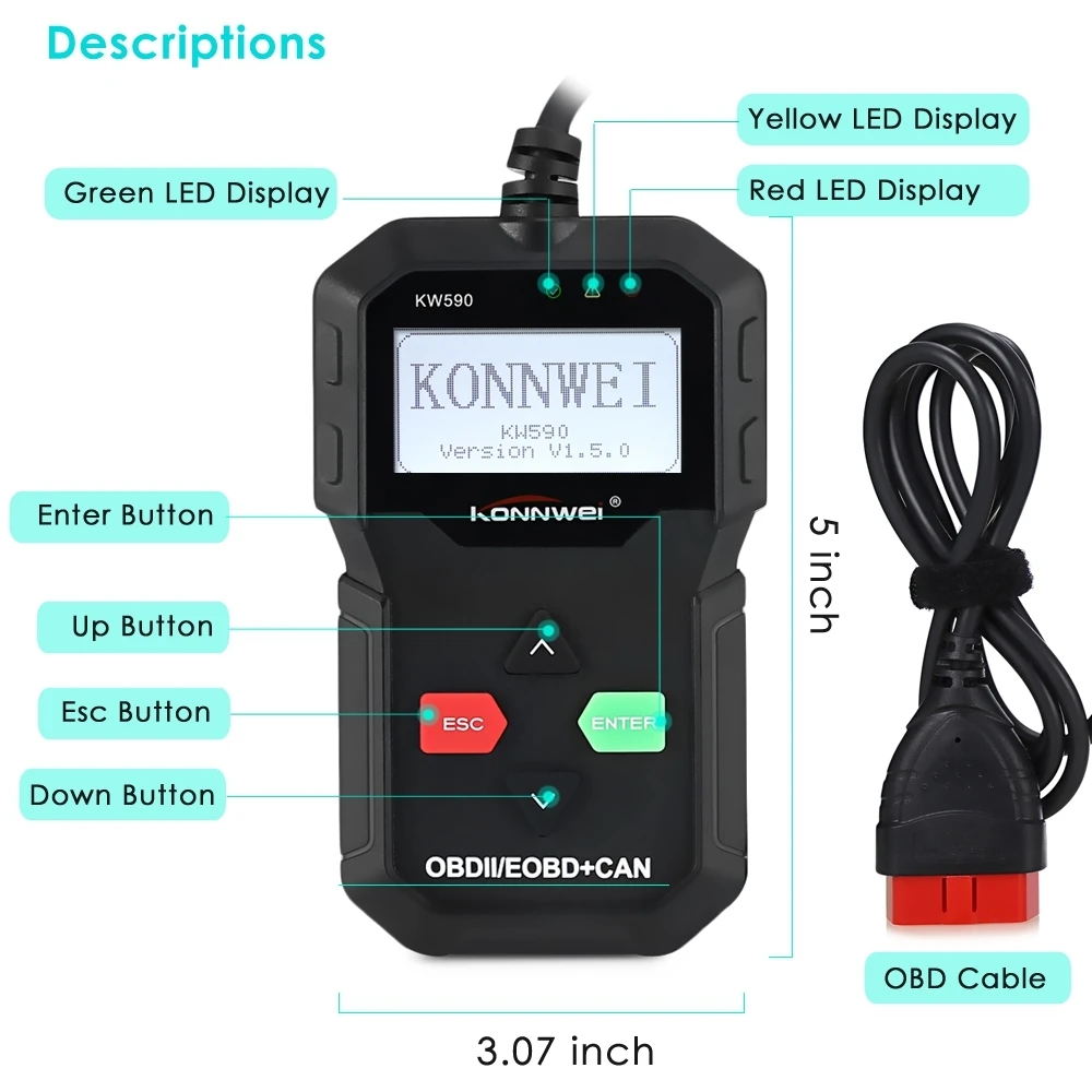 KONNWEI KW590 OBDII/EOBD 12 В может считыватель кода поддержка компьютерная система протокол