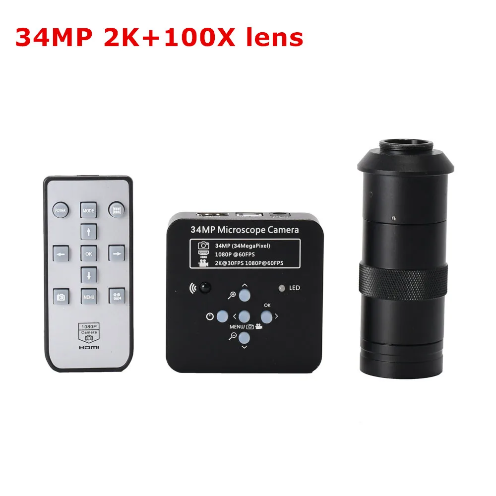 34MP 2 K 60FPS HDMI USB Промышленный Цифровой Видео пайки микроскоп камера Лупа с 100X 180X 200X 300X c-креплением зум-объектив - Цвет: 34MP and 100X