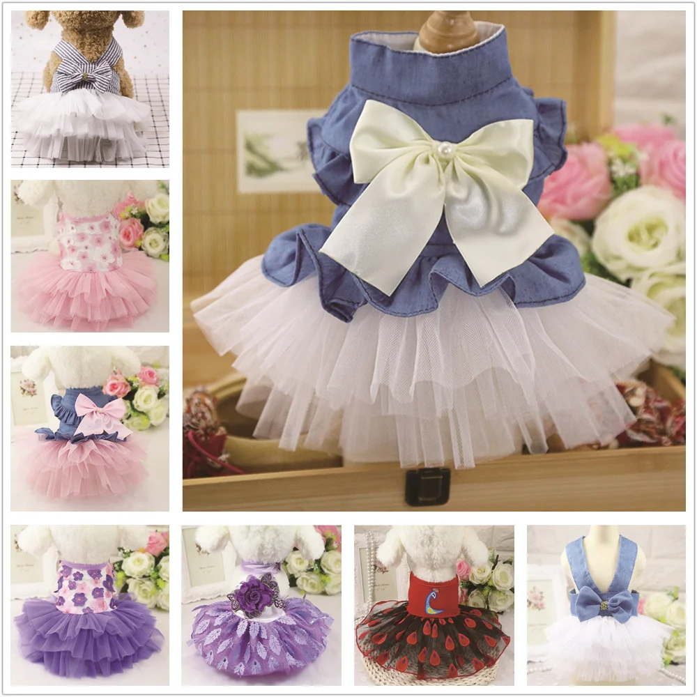 

Peach Blossom Plaid Bow Knot Striped Dog Dress Summer Pink Flower Pet Clothes for Small Chihuahua Cat Tulle XS-2XL