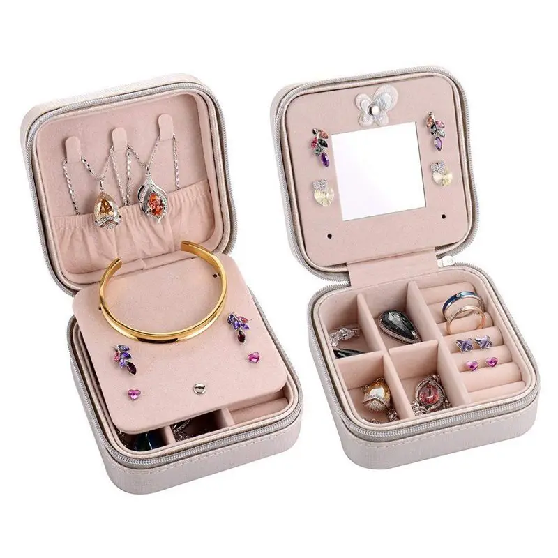 

Portable Jewelry Case Travel Earring Ring Necklace Accessories Organizer Box with Zipper (Silver)