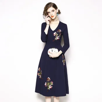 

2018 new arrivals autumn winter women deep blue Flower embroidery Dress high quality 3/4 Sleeve V collar party vintage cotton
