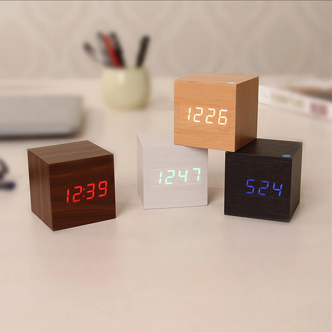 

Multicolor Sounds Control Wooden Clock New Modern Wood Digital LED Desk Alarm Clock Thermometer Timer Calendar Table Decor 6cm