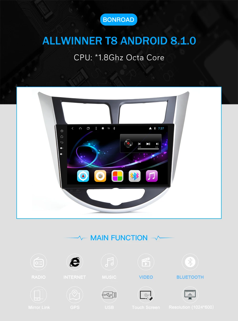 Discount Bonroad Octa Core 1024*600 9"Android 8.1 Car Video Player For Solaris Verna Accent Car PC Headunit Radio Video Player Navigation 1