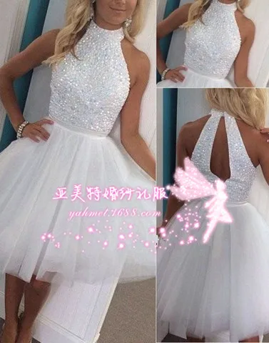 Homecoming font b Dresses b font High Neck Sleeveless Backless Tulle with Crystal and Beading White