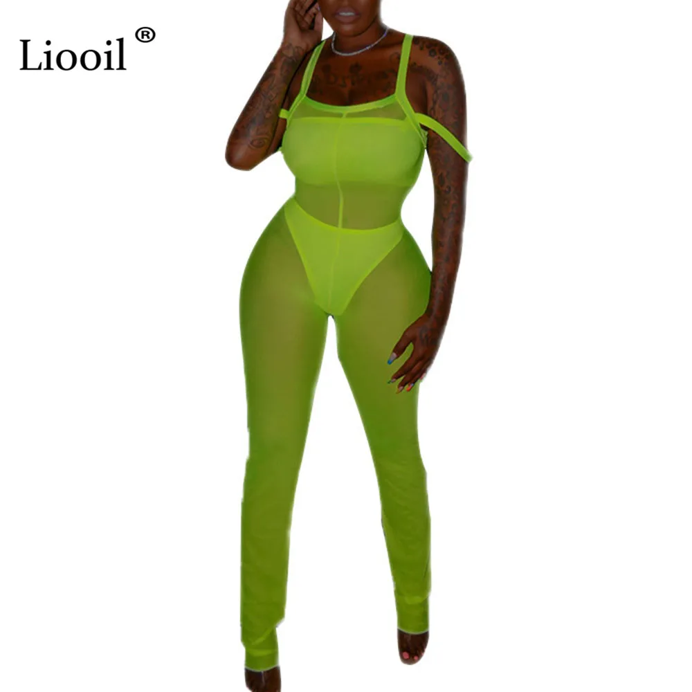 

Liooil Cold Shoulder Neon 3 Piece Set Sexy Bodycon Jumpsuits For Women 2019 See Through Mesh Party Club Rompers Womens Jumpsuit