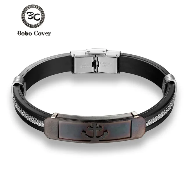 Fashion Men Charm Bracelet Anchor Stainless Steel Silicone Rubber Fashion Men Charm Bracelet Anchor Stainless Steel Silicone Rubber Wristband Chain Colorful Bracelets Trendy Mens Jewelry